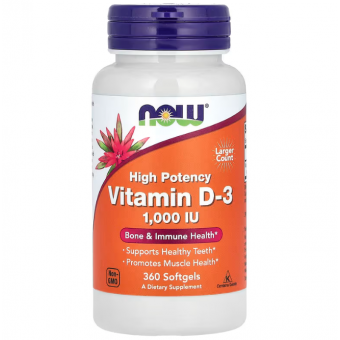 Витамин Д-3, Vitamin D-3, Now Foods, высокоэффективный, 25 мкг (1000 МЕ), 360 гелевых капсул