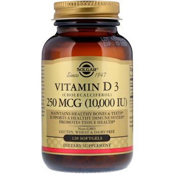 Вітамін Д3 (холекальциферол), Vitamin D3 (Cholecalciferol), Solgar, 250 мкг (10000 МО), 120 гелевих капсул