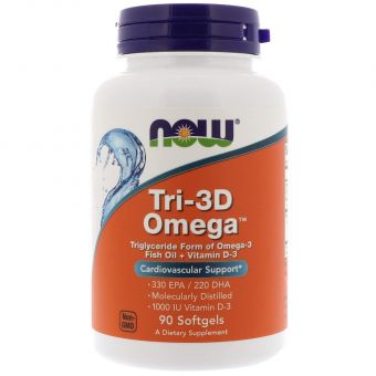 Рыбий жир в капсулах + Д3, Tri-3D Omega, Now Foods, 330 EPA/220 DHA, 90 гелевых капсул