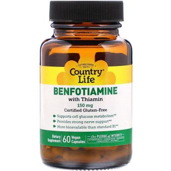 Бенфотиамин c тиамином, Benfotiamine, Country Life, 150 мг, 60 веганских капсул