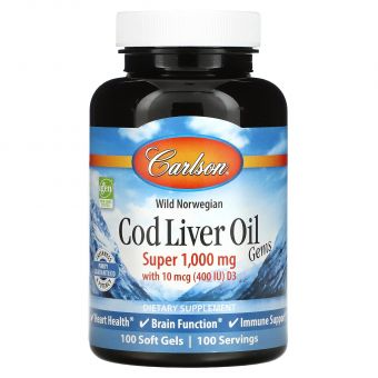 Риб'ячий жир з печінки тріски, Cod Liver Oil, Carlson, норвезький, 1000 мг, 100 капсул