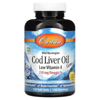 Рыбий жир из печени трески, Cod Liver Oil, Carlson, лимон, с низким содержанием витамина А, норвежский, 230 мг, 150 капсул