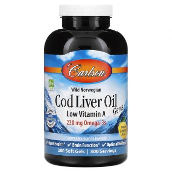 Риб'ячий жир з печінки тріски, Cod Liver Oil Gems, Carlson, лимон, з низьким вмістом вітаміну А, 300 капсул