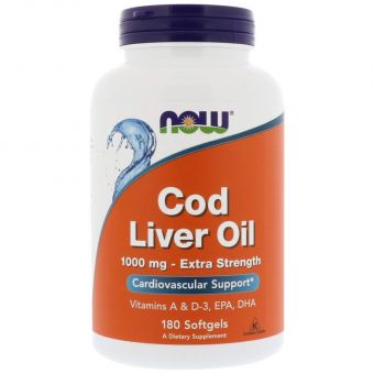 Рыбий жир из печени трески, Cod Liver Oil, Now Foods, 1000 мг, 180 гелевых капсул