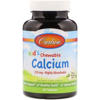 Жувальний кальцій для дітей, Chewable Calcium, Carlson, ваніль, 250 мг, 60 таблеток