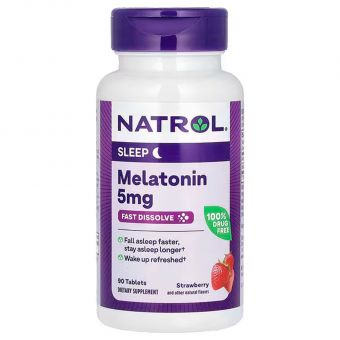 Мелатонин, Melatonin, Natrol, быстрорастворимый, вкус клубники, 5 мг, 90 таблеток