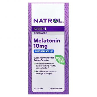 Мелатонин, Melatonin, Natrol, медленное высвобождение, 10 мг, 60 таблеток