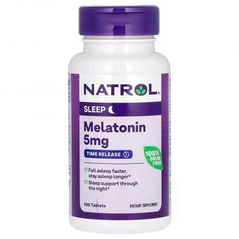 Мелатонін, Melatonin, Natrol, повільне вивільнення, підвищена сила дії, 5 мг, 100 таблеток