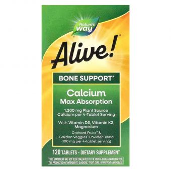 Кальций, Д3, К2 и магний, Alive! Calcium, Max Absorption, Nature's Way, Alive!, укрепление костей, максимальное усвоение, 120 вегетарианских таблеток