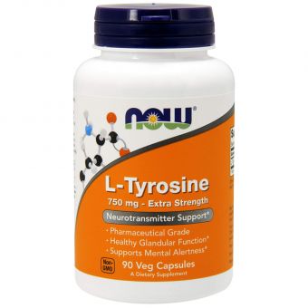 Тирозин, L-Tyrosine, Now Foods, додаткова сила, 750 мг, 90 вегетаріанських капсул