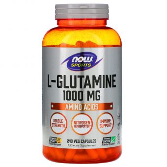 L-глютамин, L-Glutamine, Now Foods, Sports, двойной силы, 1000 мг, 240 вегетарианских капсул