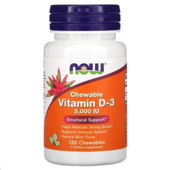 Витамин Д-3, Vitamin D-3, Now Foods, вкус мяты, 5000 МЕ, 120 жевательных таблеток