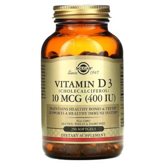 Витамин Д3, Vitamin D3, Solgar, 10 мкг (400 МЕ), 250 гелевых капсул