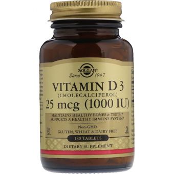 Витамин Д3 (холекальциферол), Vitamin D3, Solgar, 25 мкг (1000 МЕ), 180 таблеток