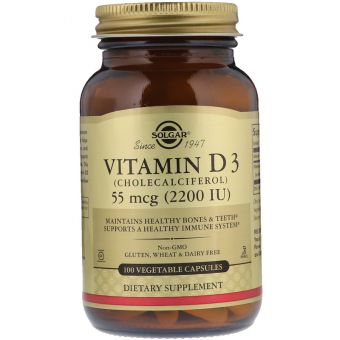 Вітамін Д3 (холекальциферол), Vitamin D3, Solgar, 55 мкг (2200 МО), 100 вегетаріанських капсул