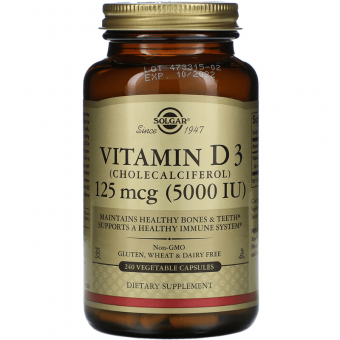 Вітамін Д3 (холекальциферол), Vitamin D3, Solgar, 125 мкг (5000 МО), 240 вегетаріанських капсул.