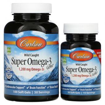 Рыбий жир, Super Omega·3, Carlson, из дикой природы, 600 мг, 100+30 капсул