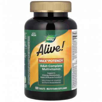 Мультивитамины с железом,  Adult Complete Multivitamin, Natures Way, Alive! для взрослых, 3 таблетки в день, 180 таблеток