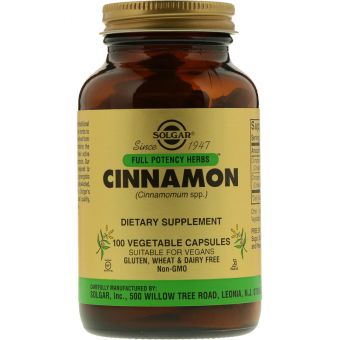 Экстракт корицы, Cinnamon, Solgar, Full Potency Herbs, 100 вегетарианских капсул