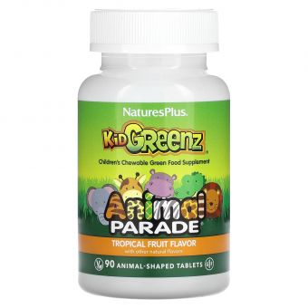 Суперфуд для дітей, Kid Greenz, Nature's Plus, Animal Parade, смак тропічних фруктів, 90 жувальних таблеток у формі тварин