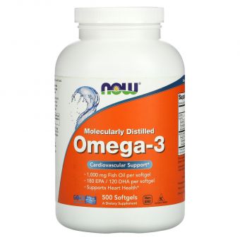 Омега-3, Omega-3, Now Foods, 180 ЕПК/120 ДГК, 500 гелевих капсул