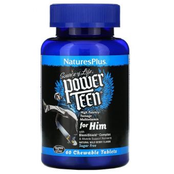 Витамины для парней, Power Teen For Him, Nature's Plus, Source of Life, ягодный вкус, без сахара, 60 таблеток