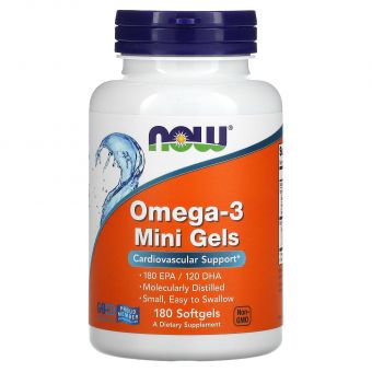 Омега-3, Omega-3 Mini Gels, Now Foods, 180 ЕПК/120 ДГК, 180 гелевих капсул