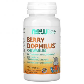 Пробиотики для детей, Berry Dophilus, Now Foods, вкус ягод, 2 млрд КОЕ, 60 жевательных таблеток