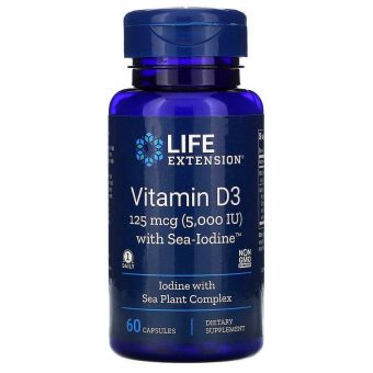 Витамин Д3, Vitamin D3, Life Extension, с йодом, 5000 МЕ (125 мкг), 60 капсул