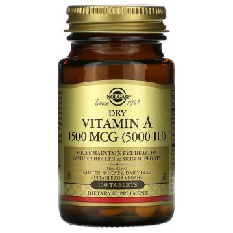 Витамин А, Dry Vitamin A, Solgar, 1500 мкг (5000 МЕ), 100 таблеток