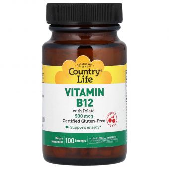 Витамин В-12 и фолиевая кислота, Vitamin B12, Country Life, вкус вишни, 500 мкг, 100 леденцов