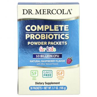 Пробиотики для детей, Complete Probiotics, Dr. Mercola, порошок, 10 млрд КОЕ, вкус малины, 30 пакетов по 3.5 г каждый