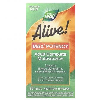 Мультивитамины, 3 в день, Alive!® Max3 Potency, Nature's Way, без железа, 90 таблеток