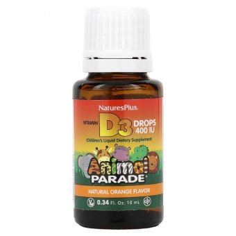 Витамин D3 в каплях, Vitamin D3, Liquid Drops, Nature's Plus, Animal Parade, апельсиновый вкус, 200 МЕ, 10 мл