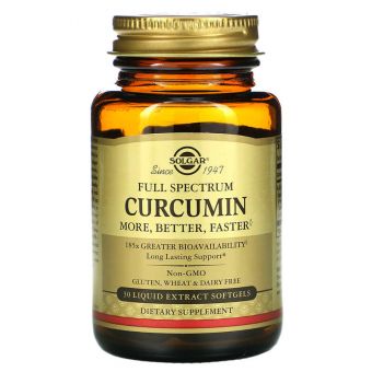 Куркумин, Curcumin, Solgar, полный спектр, 30  гелевых капсул