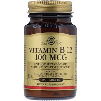 Витамин В12 (цианокобаламин), Vitamin B12, Solgar, 100 мкг, 100 таблеток