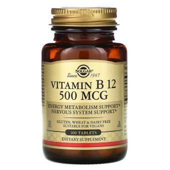 Витамин В12 (цианокобаламин), Vitamin B12, Solgar, 500 мкг, 100 таблеток