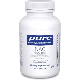 NAC (N-ацетилцистеїн), n-acetyl-l-cysteine, Pure Encapsulations, підтримка дихальної функції, утворення глутатіону і детоксикації, 600 мг, 180 капсул