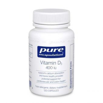 Витамин D3, Vitamin D3, Pure Encapsulations, поддержка для здоровья костей, груди, простаты, сердечно-сосудистой системы, толстой кишки и иммунитета, 400 МЕ, 120 капсул