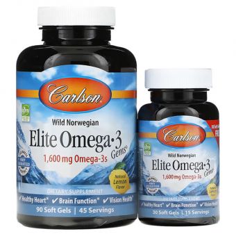 Омега-3, Elite Omega-3, Carlson, вкус лимона, норвежский, 800 мг, 90+30 капсул