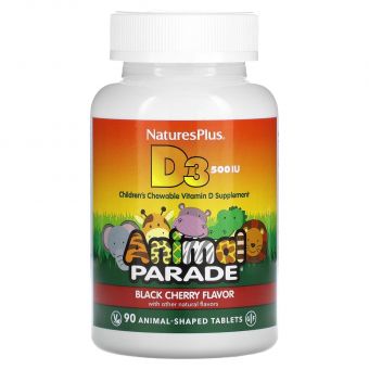 Вітамін Д-3, Vitamin D 3, Nature's Plus, Animal Parade, смак чорної вишні, 500 МО, 90 жувальних цукерок