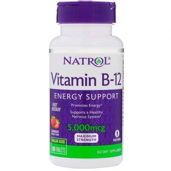 Вітамін В12, смак полуниці, Vitamin B-12, Natrol, 5000 мкг, 100 таблеток