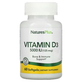 Витамин Д3, Vitamin D3, Nature's Plus, 125 мкг (5000 МЕ), 60 гелевых капсул