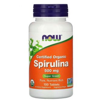 Спирулина, Spirulina, Now Foods, сертифицированная, органическая, 500 мг, 100 таблеток