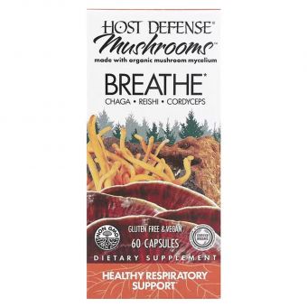 Поддержка дыхательной системы, Breathe, Fungi Perfecti, Host Defense, органик, грибы для защиты организма, 60 вегетарианских капсул