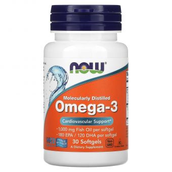 Омега-3, Omega-3, Now Foods, 180 ЕПК/ 120 ДГК, 30 гелевих капсул