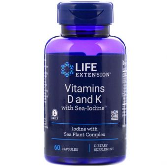 Витамин Д и К с йодом, Vitamins D and K with Sea-Iodine, Life Extension, 60 капсул