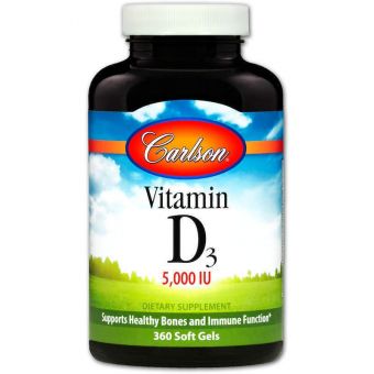 Витамин Д-3, Vitamin D3, Carlson, 5000 МЕ, 360 гелевых капсул