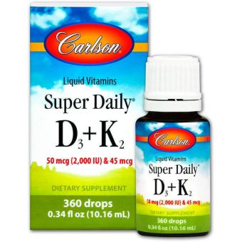 Вітамін D3 і вітамін К-2, Super Daily D3 + K2, Carlson, рідина, 50 мкг (2000 МО) і 45 мкг, 10,16 мл