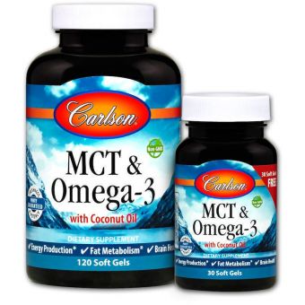 МСТ и Омега-3, MCT & Omega-3, Carlson, 120 гелевых капсул+30 капсул бесплатно